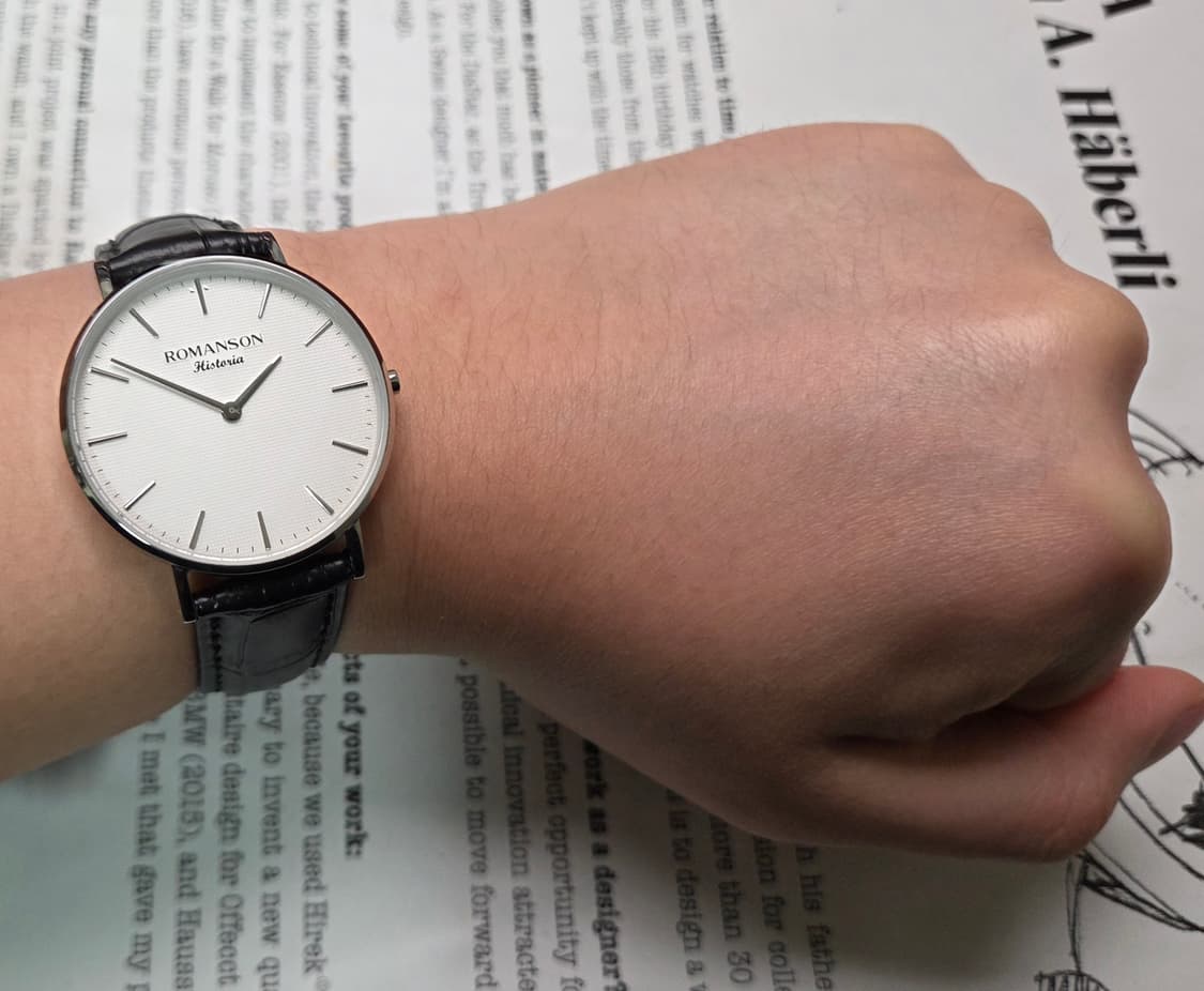 빈티지 로만손 화이트 와플 다이얼 슬림쿼츠 드레스워치 남성용 상품이미지9
