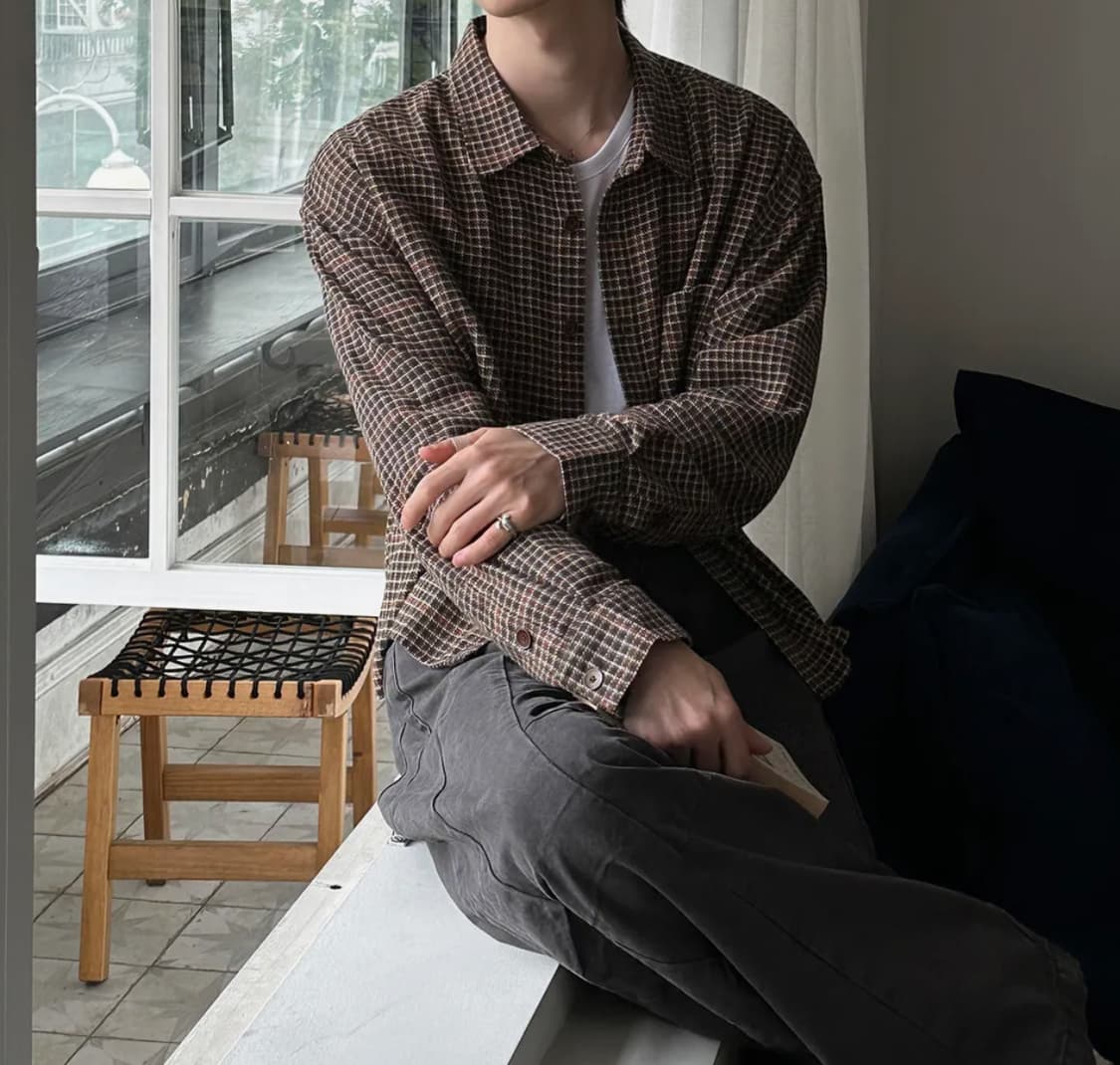 엘엑스티 빈티지 코튼 하운드 체크 크롭 셔츠 브라운 상품이미지1