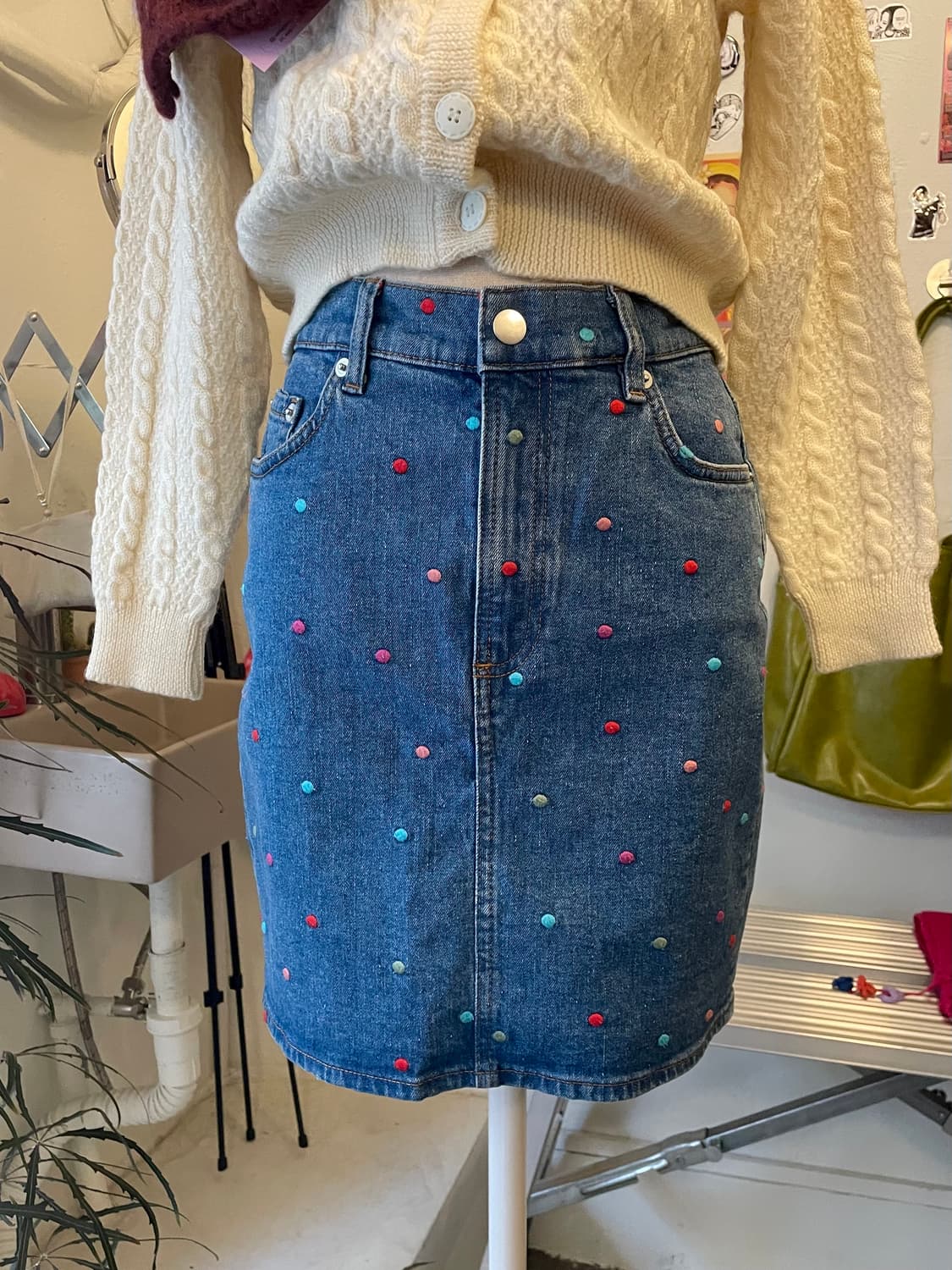 도트자수 데님 스커트 [무배] 상품이미지1