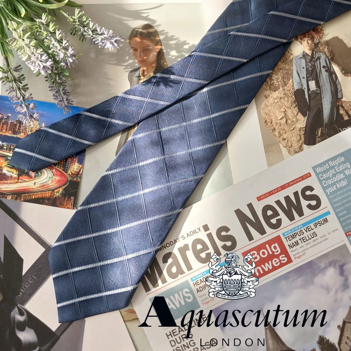 아쿠아스큐텀 실크 네이비 체크 넥타이 9cm A+등급 A19681 상품이미지2