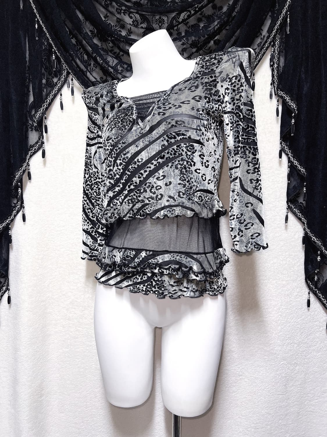 레오파드 호피 지브라 애니멀패턴 오네갸루 펑크 시스루 벨벳탑 오리엔탈 상품이미지4