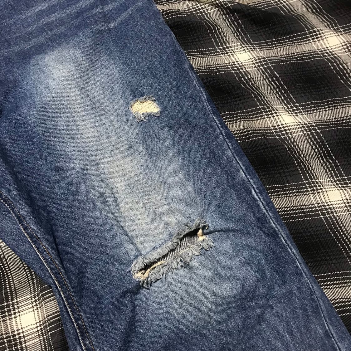 90s 재팬 슈퍼 와이드 더블니 워싱 디스트레드 중청 셀비지 데님 상품이미지3