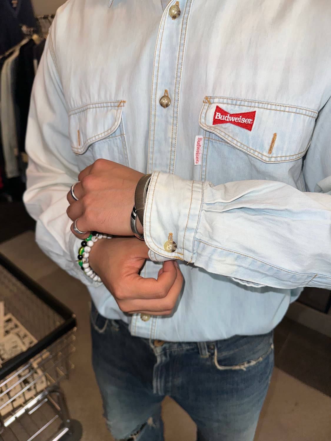 90’s Budweiser logo denim washed shirt 상품이미지6
