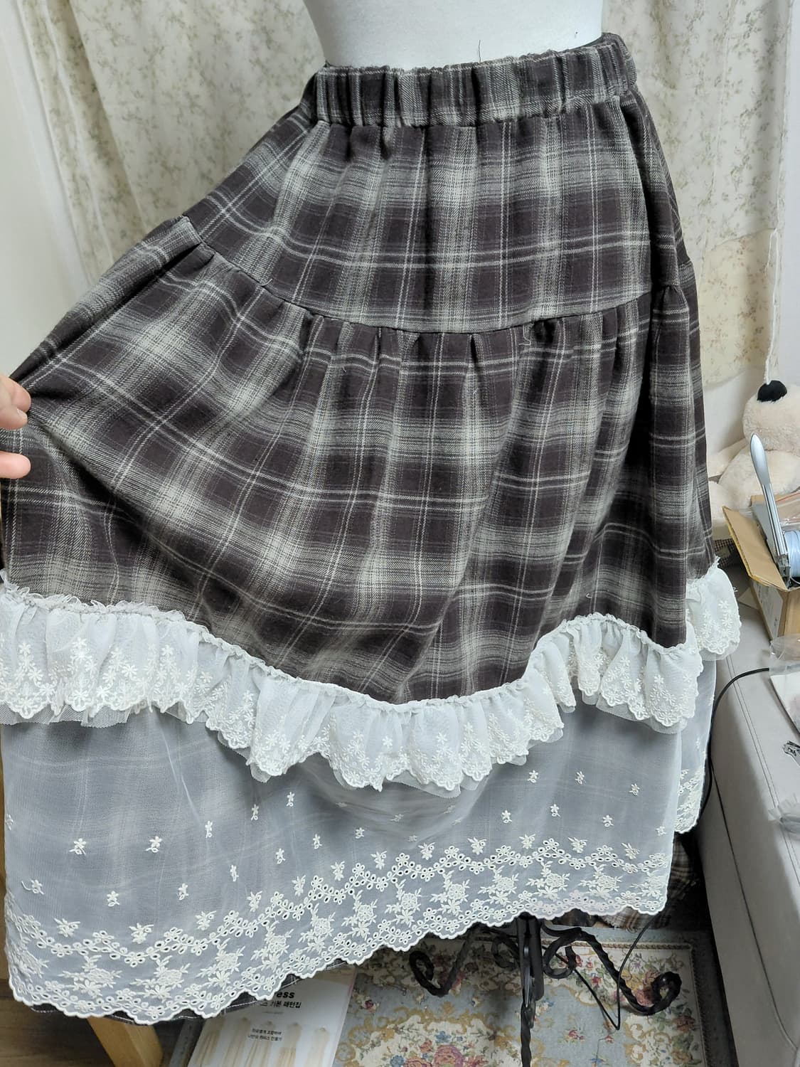 [핸드메이드] 체크 레이스 롱 스커트 상품이미지2