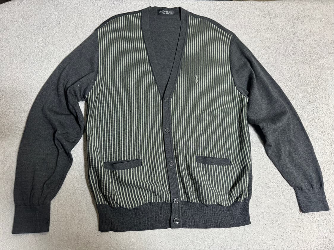 YSL 생로랑 그레이/그린 스트라이프 울 니트 가디건 상품이미지1