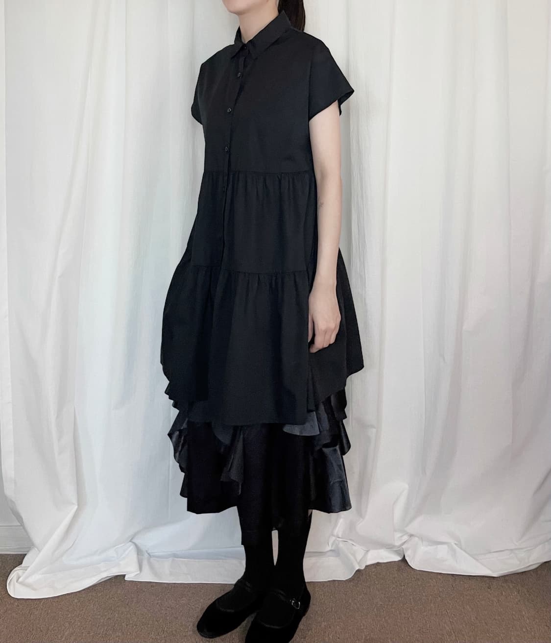 Tiered Shirring Long Shirt - Black 상품이미지2