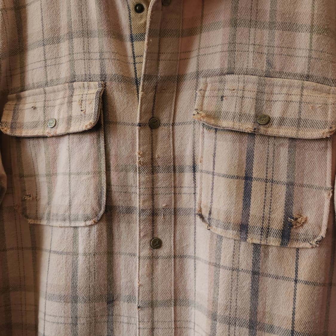 90s 빈티지 체크셔츠 헤비 플란넬 워크셔츠 썬페이딩 핑크 L 상품이미지5