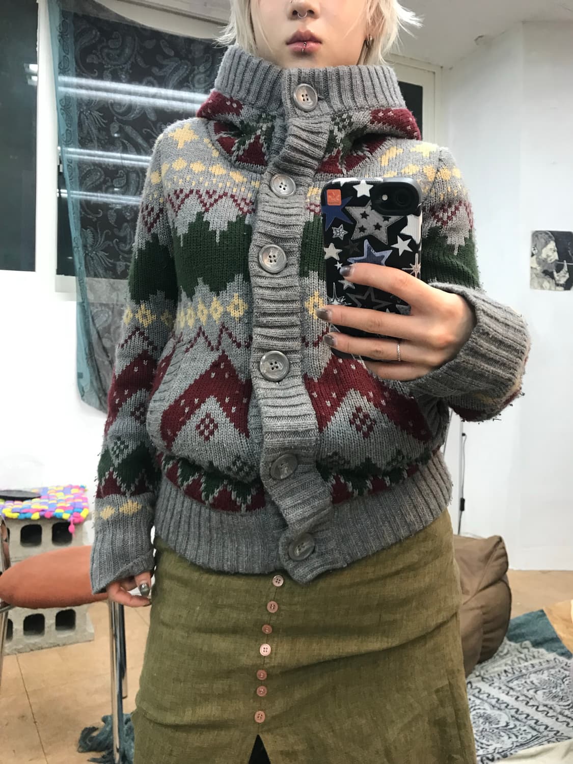 빈티지 에스닉 양털 기모 니트 후드 가디건  상품이미지1