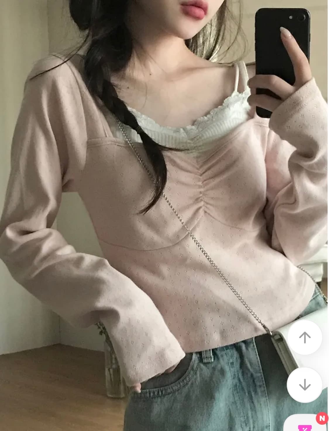 (정가22000원)미니포에 레이스 셔링 여리여리 핑크 긴팔 티셔츠 상품이미지1