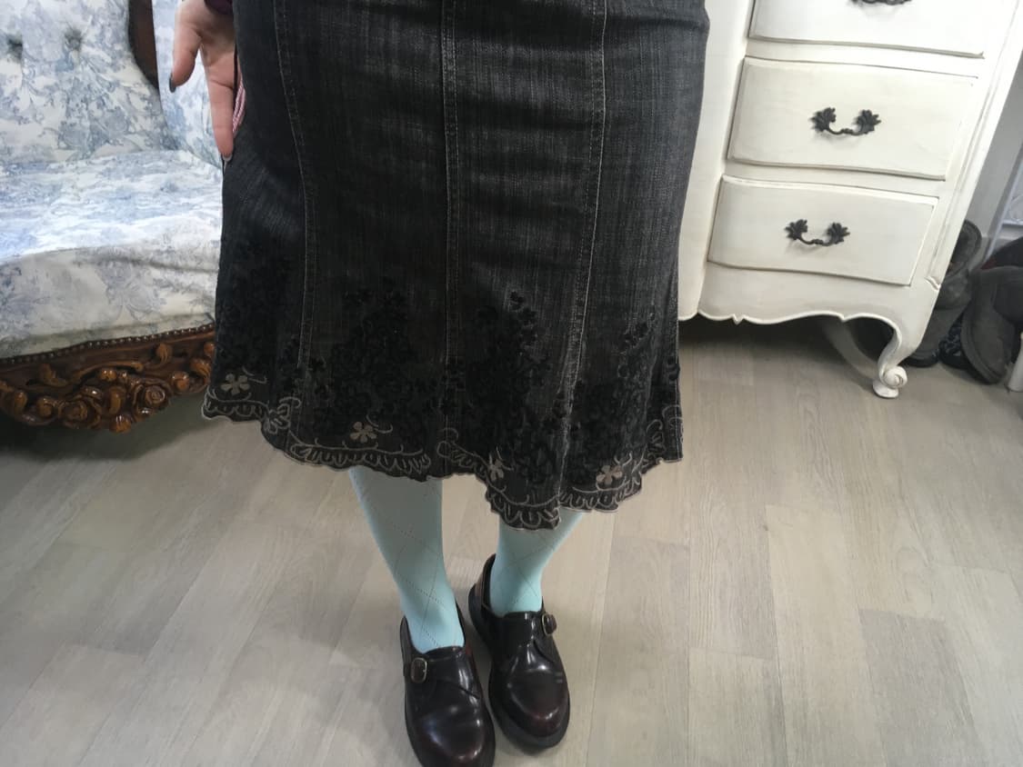 일본빈티지 플라워 자수 데님 미디 스커트 상품이미지5