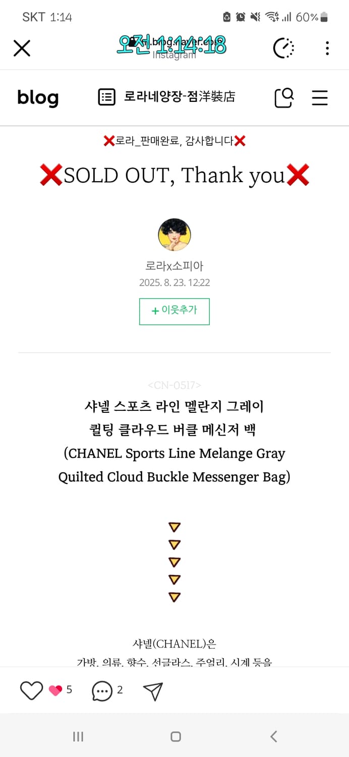 샤넬 스포츠 라인 멜란지 그레이 퀼팅 클라우드 버클 메신저백 상품이미지3