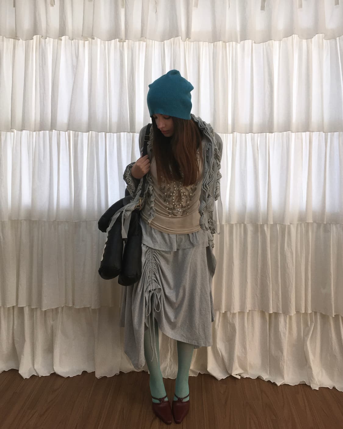 Gray grunge unbalanced shirring 가디건 상품이미지3