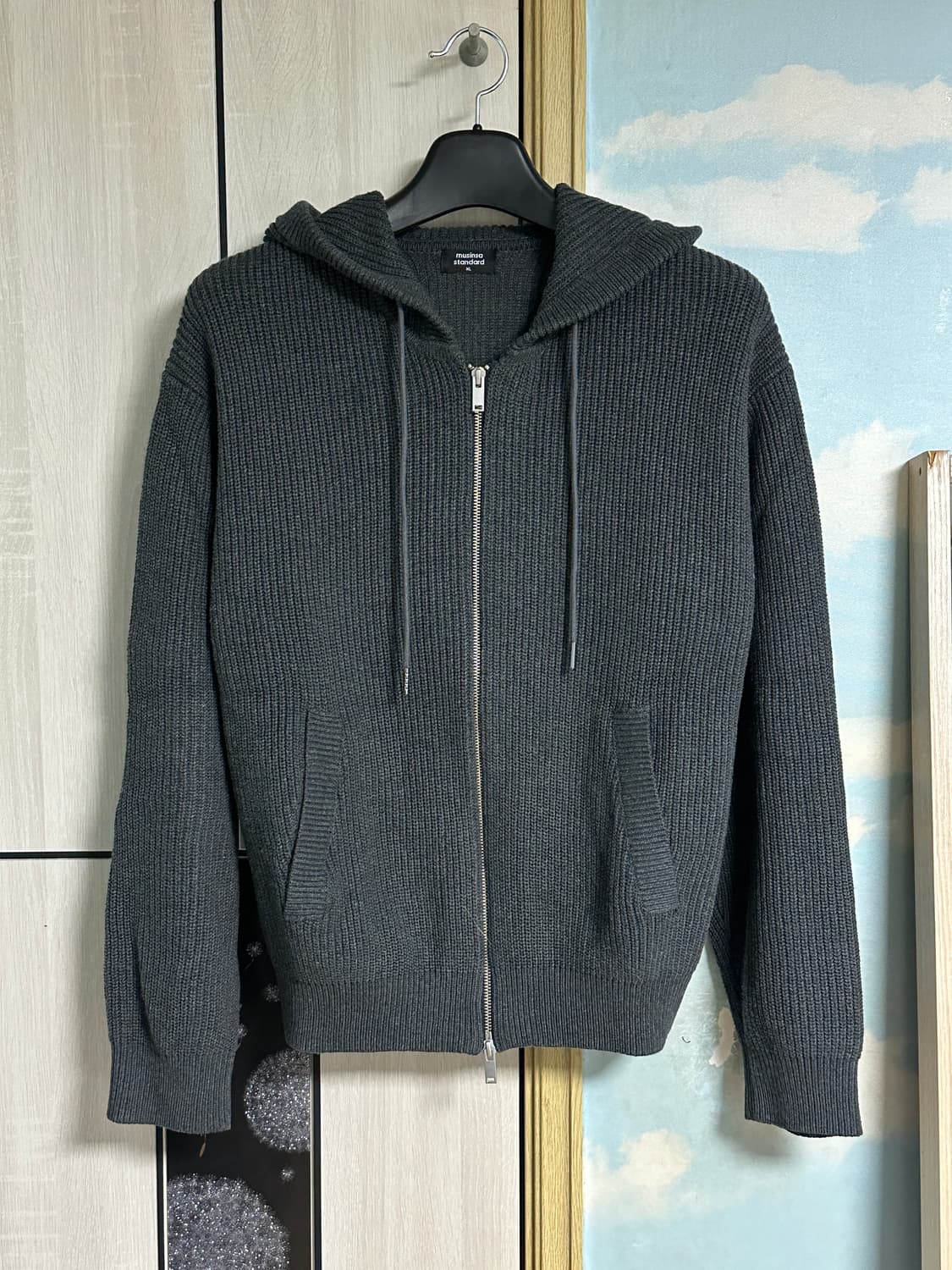 (XL) 무탠다드 리브드 니트 후디드 집업 [미디엄 그레이] 상품이미지2