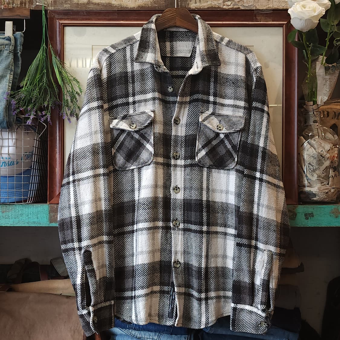 90s 아메리칸 빈티지 체크셔츠 헤비 플란넬 워크셔츠 블루 xl 상품이미지1