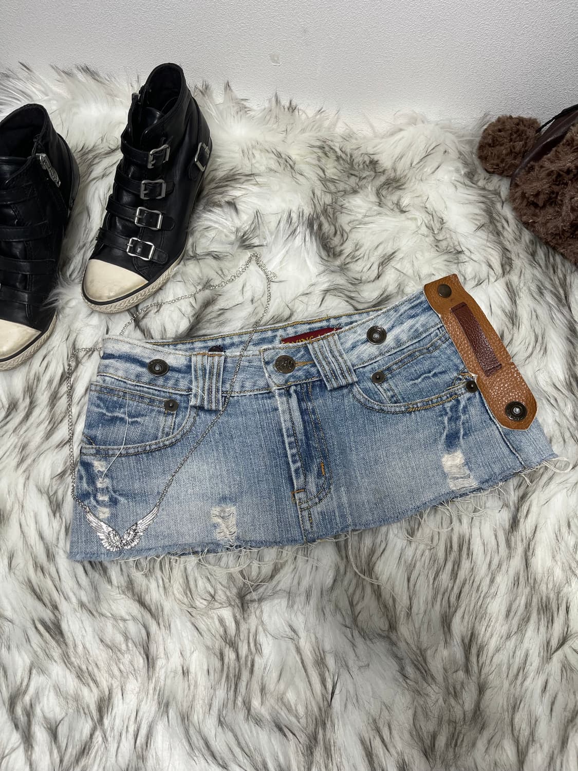 Y2K 로우라이즈 가죽 데님 스커트 상품이미지1