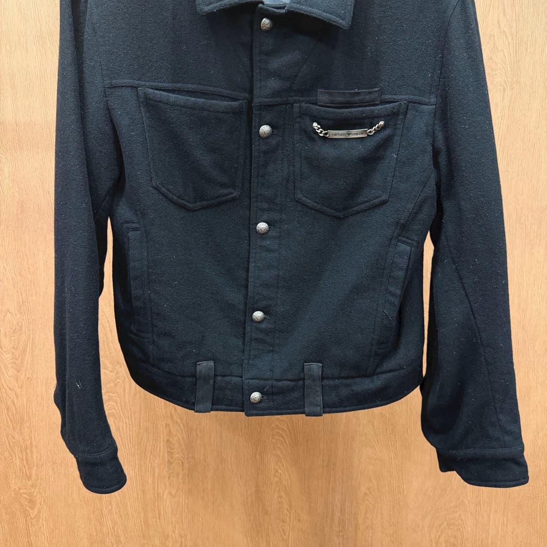 아르마니 익스체인지 카라 자켓 메탈 체인 스냅 버튼 디테일 블랙 상품이미지5