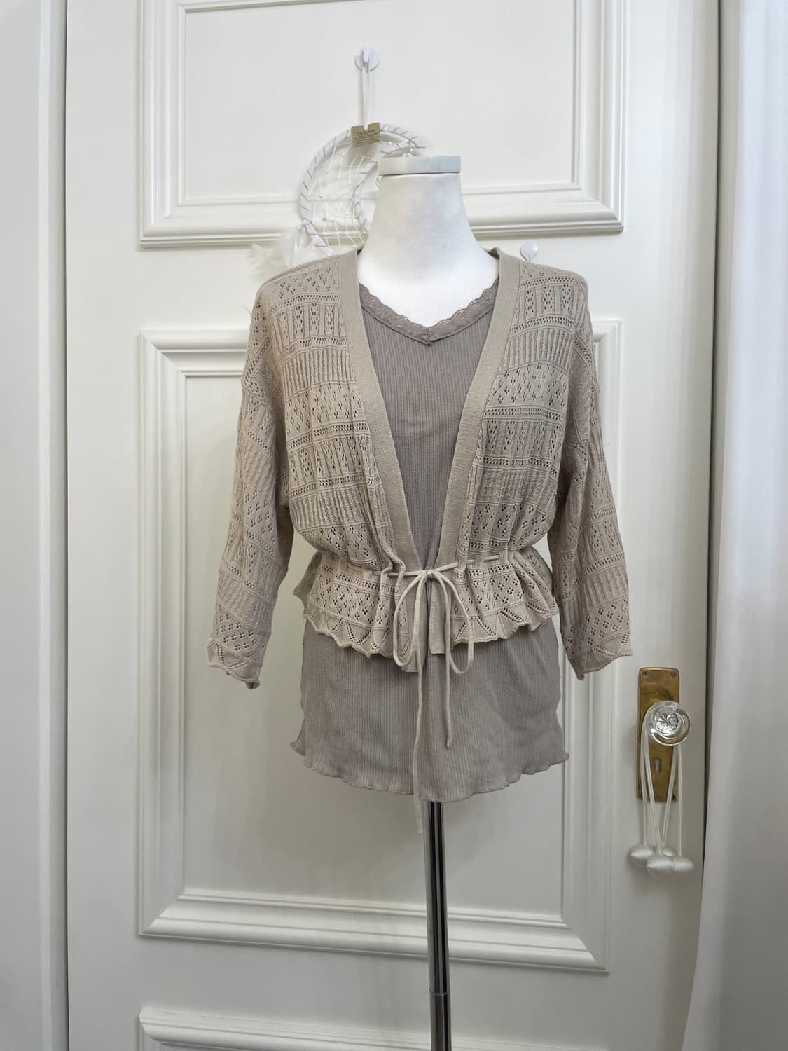 beige crochet cardigan&lace shirring sle 상품이미지1