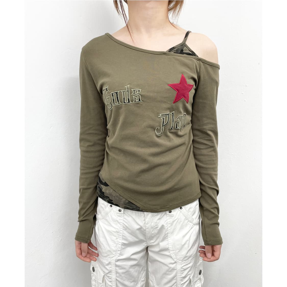 y2k 원숄더 카모 레이어드 슬리브 상품이미지1