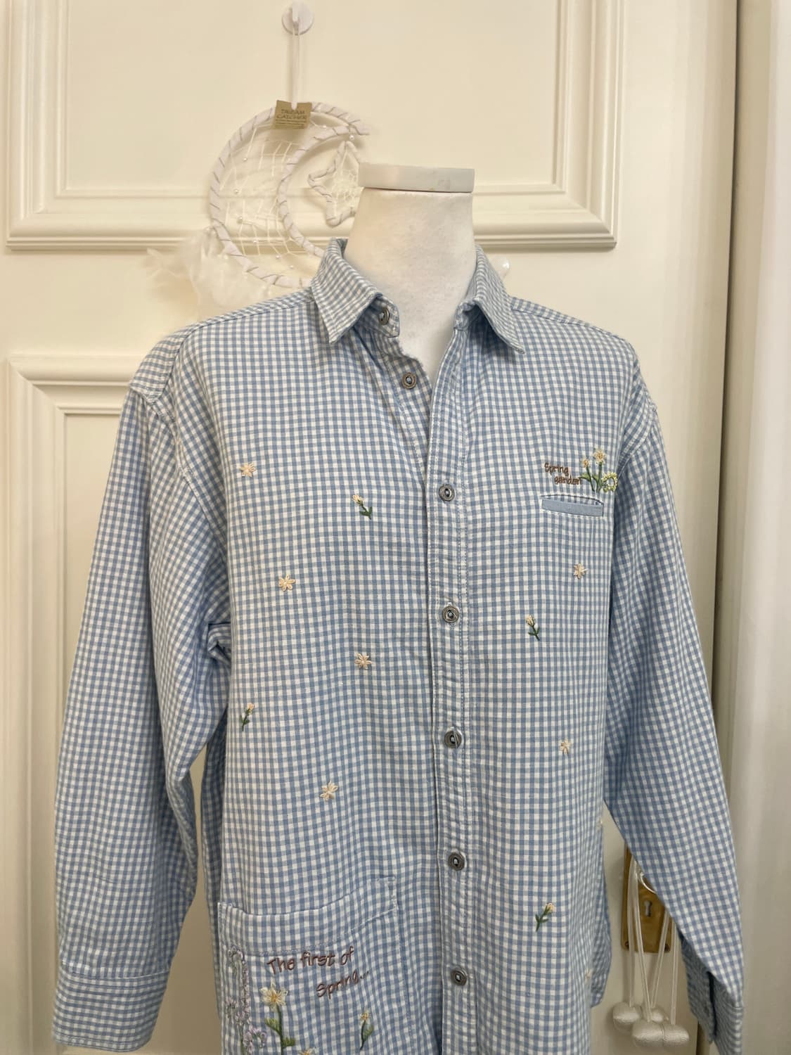 blue gingham check flower embroidery shi 상품이미지5