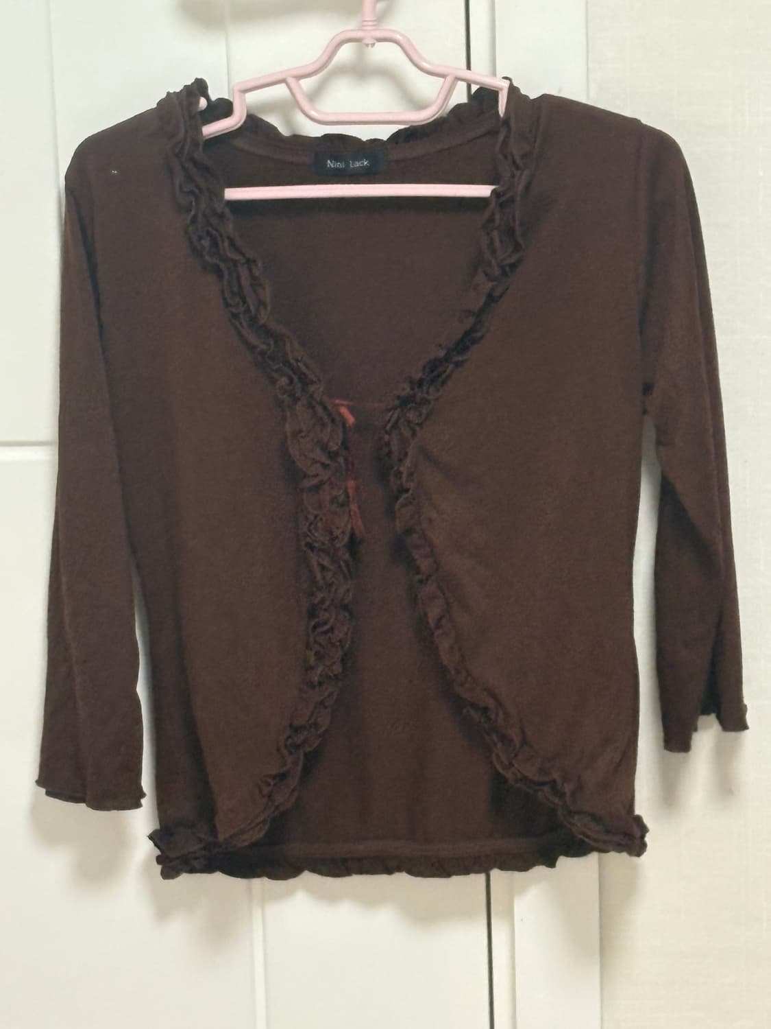 라떼 갸루) 빈티지 리본 포인트 프릴 브라운 가디건 상품이미지2