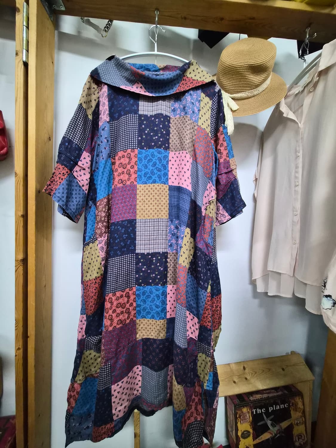 패치워크  면 린넨 보트넷 벌룬 원피스 상품이미지1