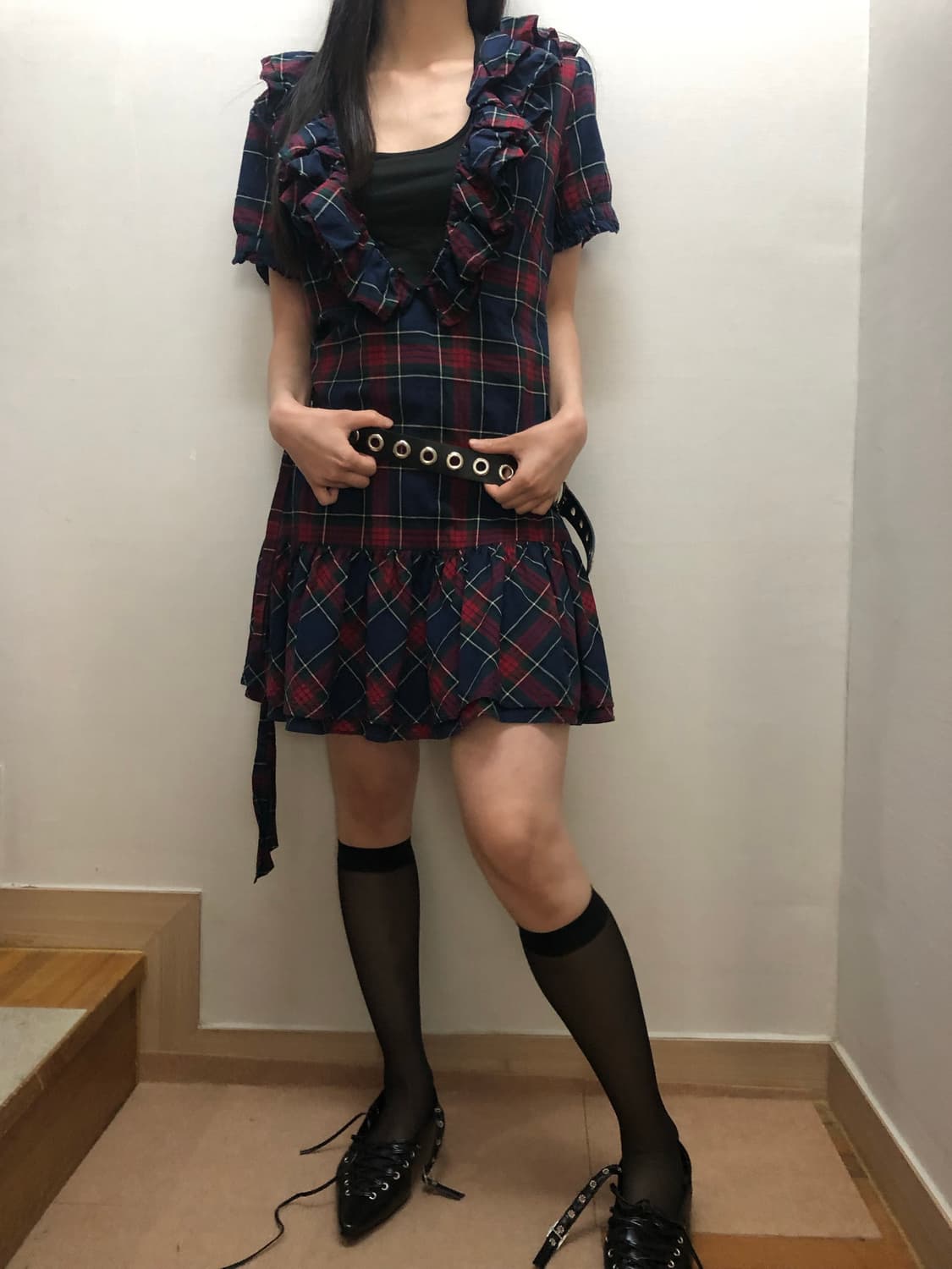 빈티지 펑크 체크 프릴 원피스 상품이미지4