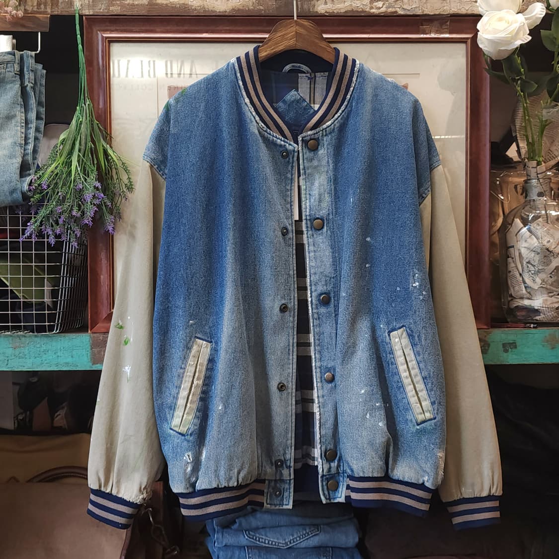 90s 빈티지 바시티 자켓 빈티지 데님 베이스볼 워크자켓 페인팅 L 상품이미지2