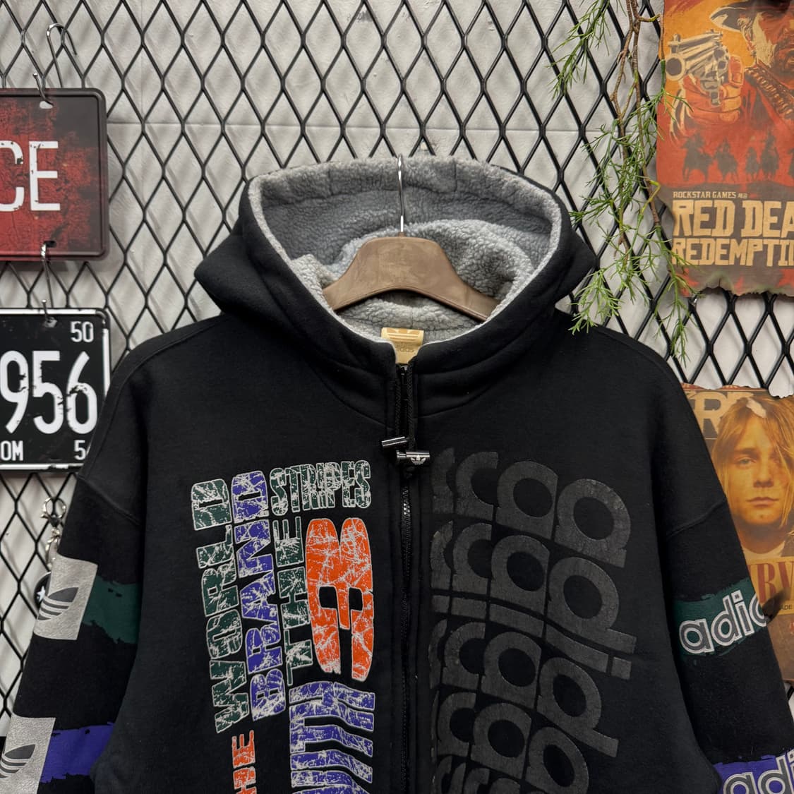 90s 아디다스 올드스쿨 양털 후드 집업 전면 로고플레이 포인트 블랙 상품이미지3