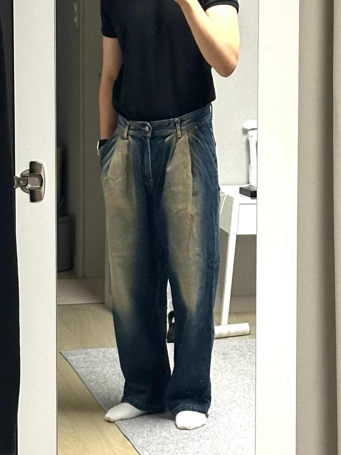 제멋 웨스턴 투턱 워싱 와이드 데님 팬츠, 32 상품이미지5