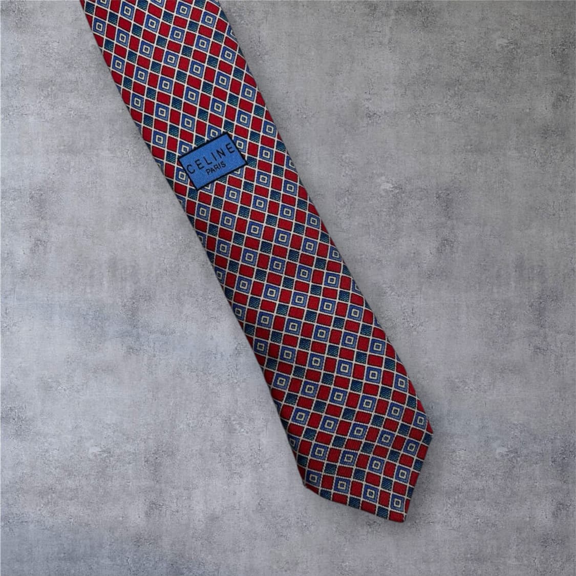 셀린느 Celine 레드 네이비 기하학 패턴 실크 넥타이 상품이미지5