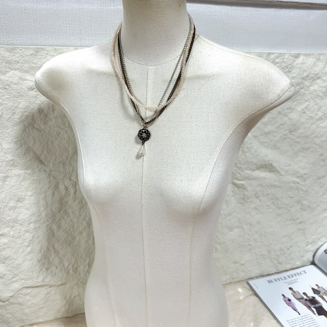 빈티지 오리엔탈 쿠바체인 레이어드 황동 꽃 진주 목걸이 상품이미지1