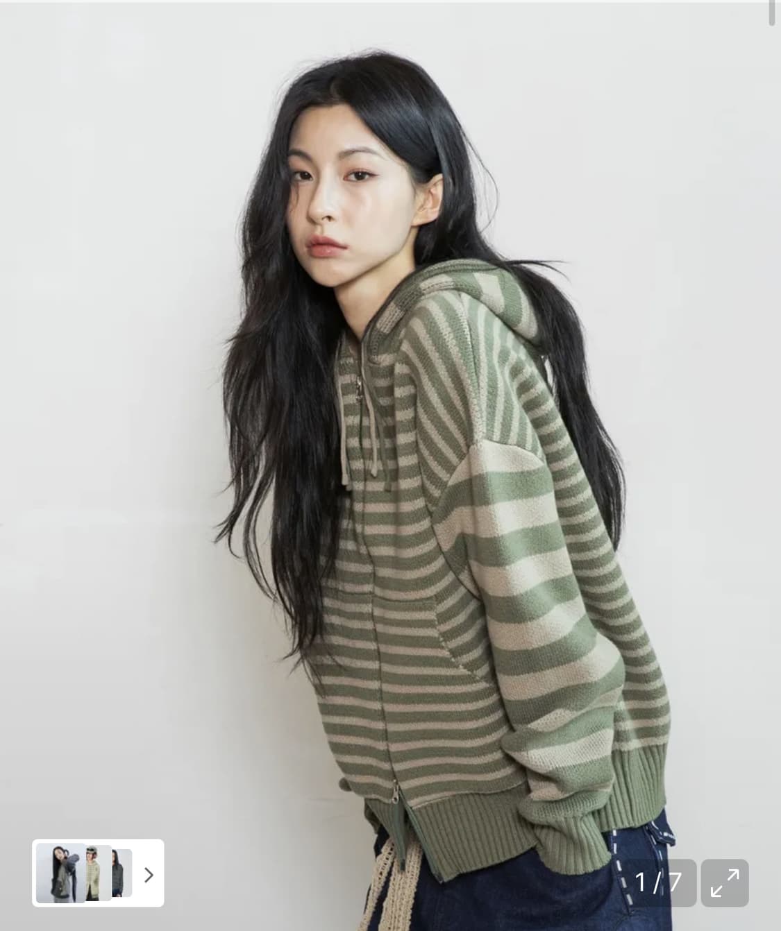 WXK008 언발란스 스트라이프 니트 후드 집업 (KHAKI)  상품이미지1