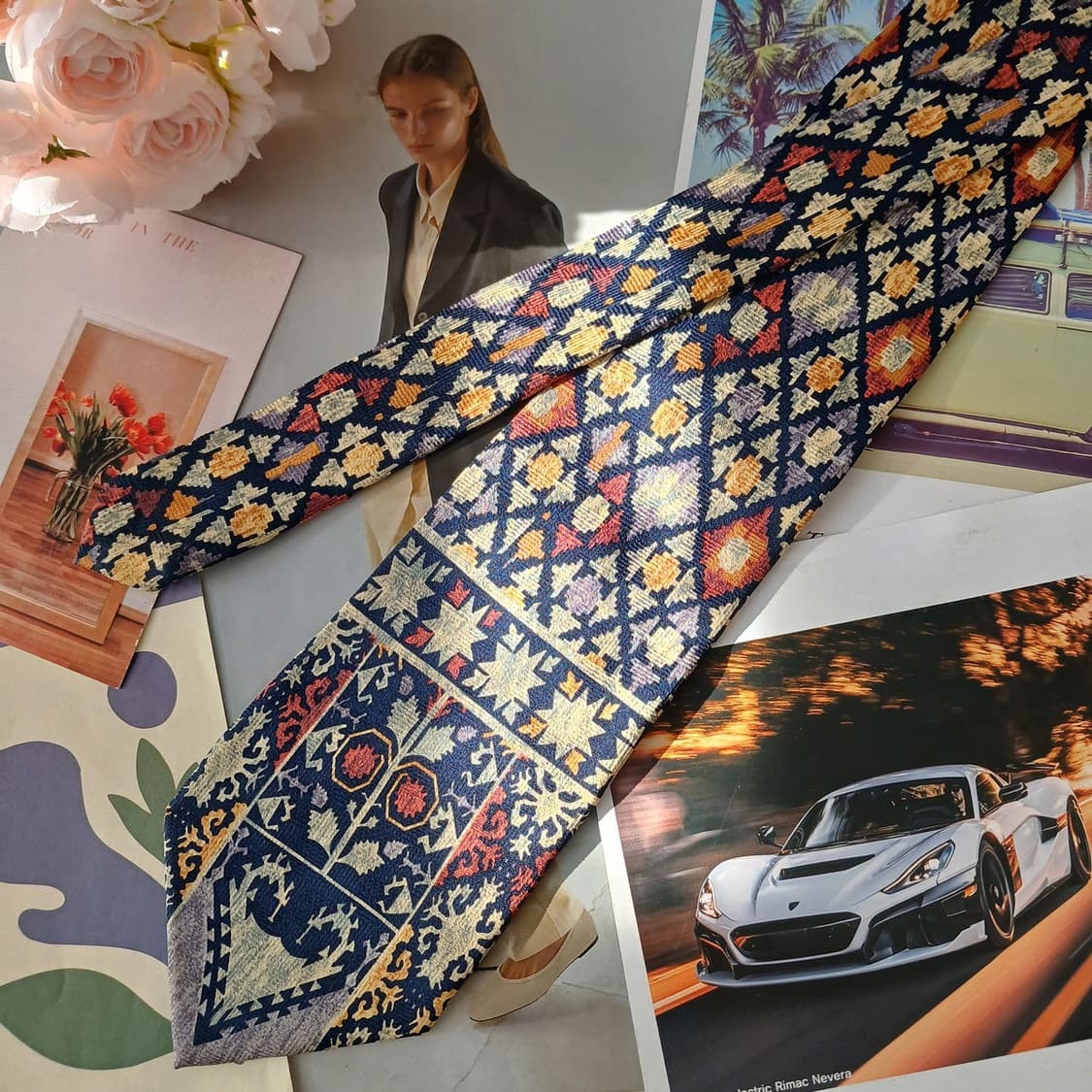 니나리치 실크 네이비 에스닉 패턴 넥타이 9.7cm A+등급 A19460 상품이미지5