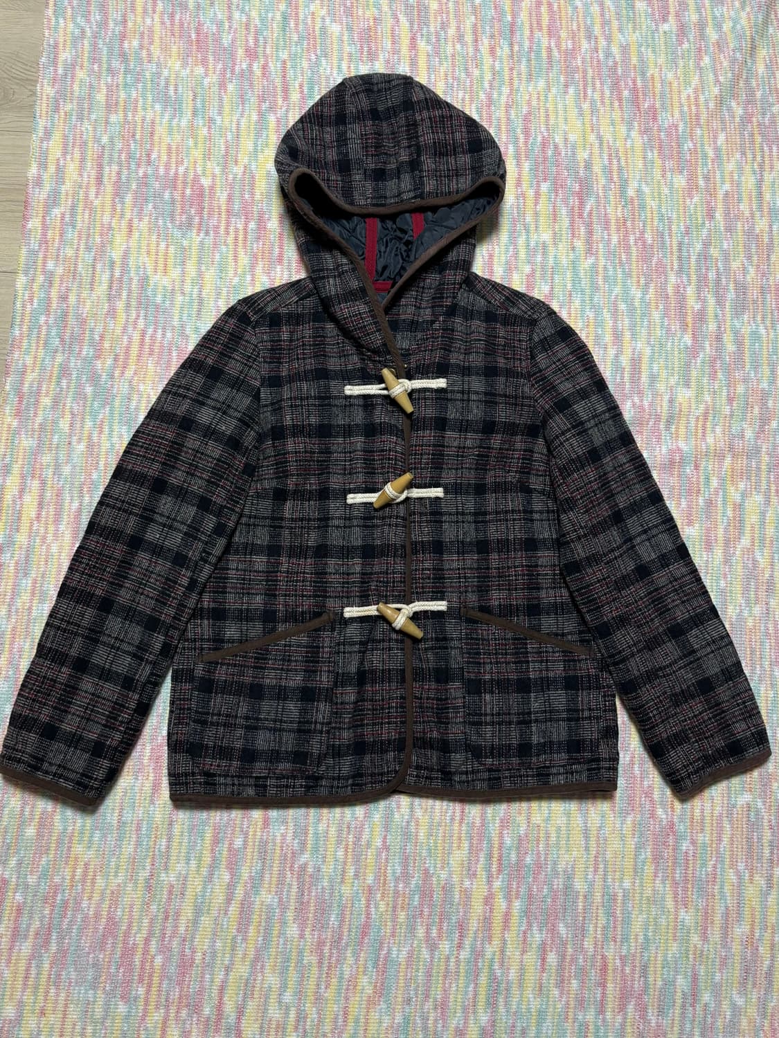 체크 후드 더플 코트 상품이미지1