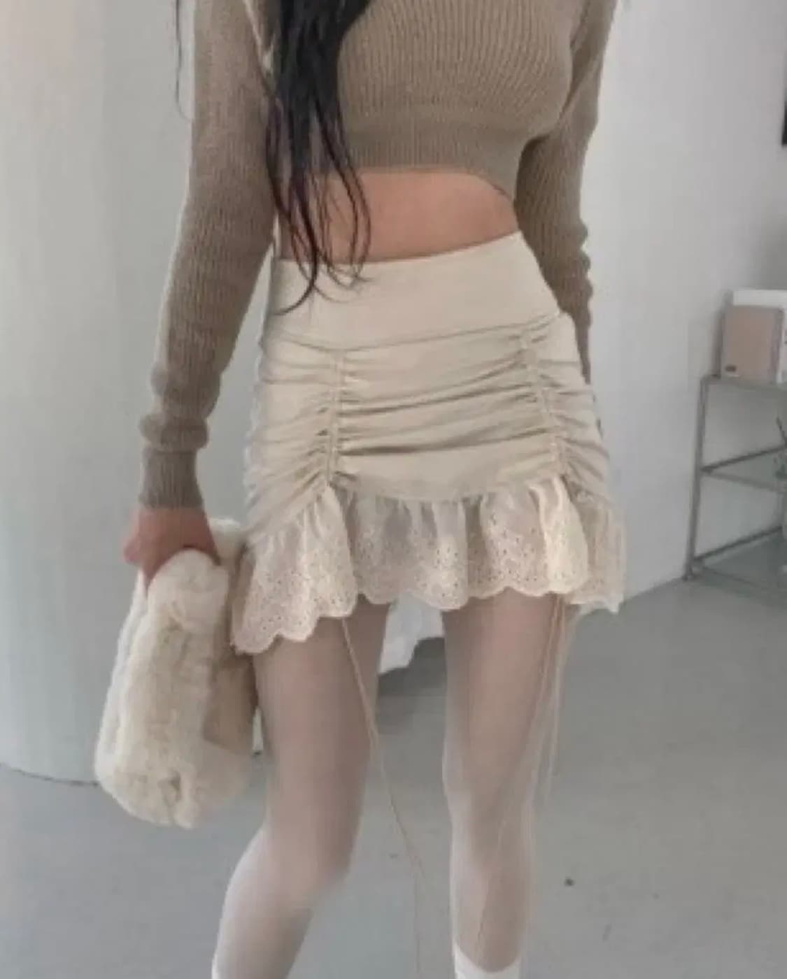 [드라이로즈] 셔링 링클 레이스 스커트 아이보리 / 발레코어 프릴 리본 상품이미지1