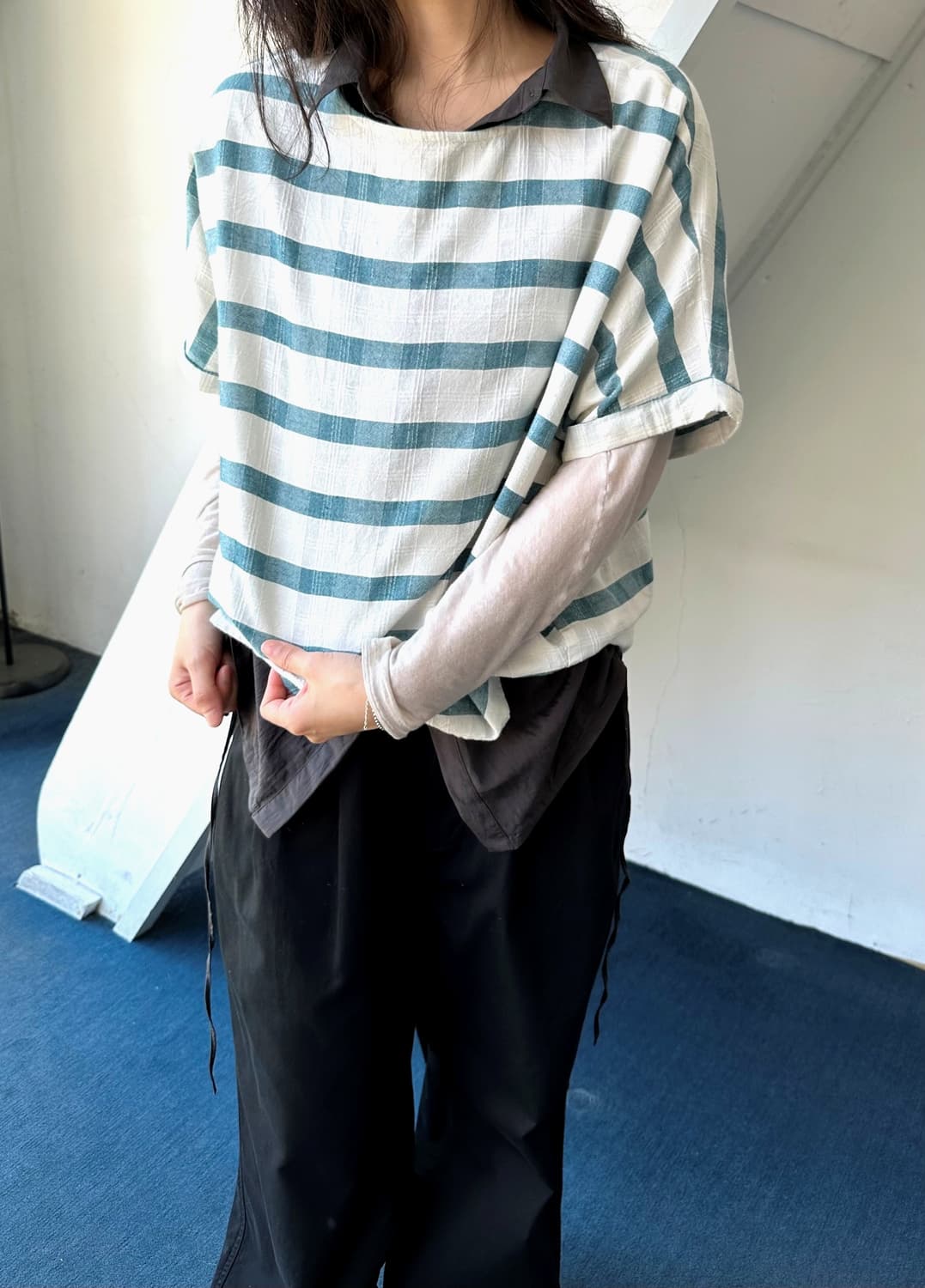 Wide sleeve jacquard fabric shirt top 상품이미지3