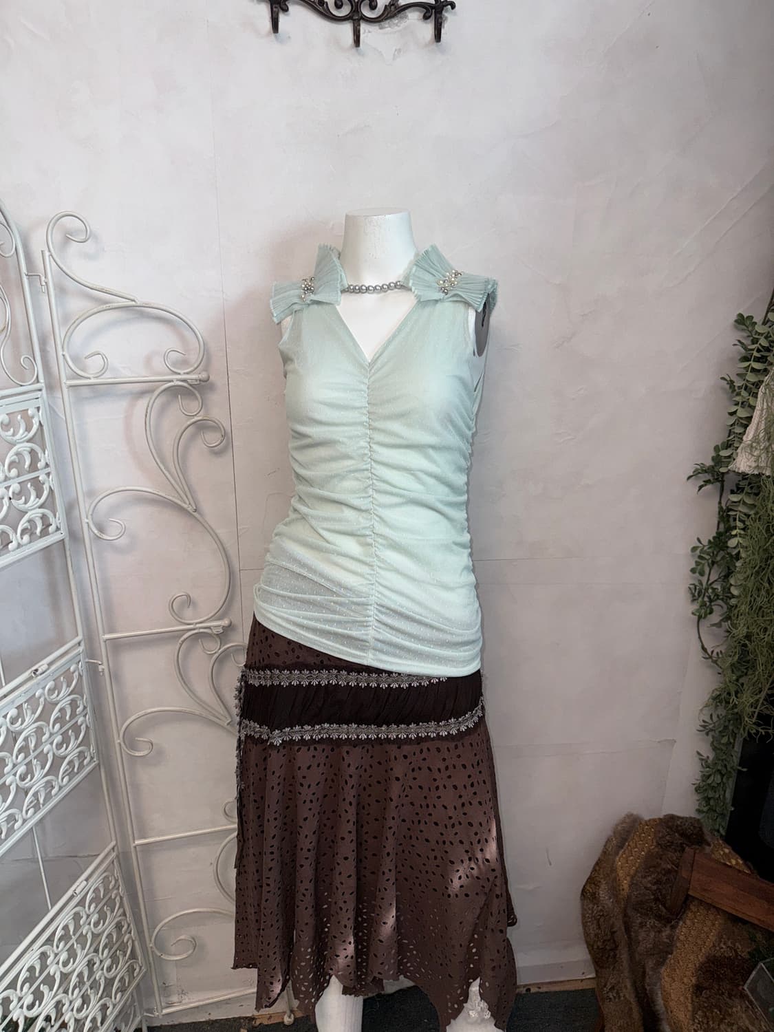 Mint dot shirring pleats beads 슬리브리스 상품이미지4