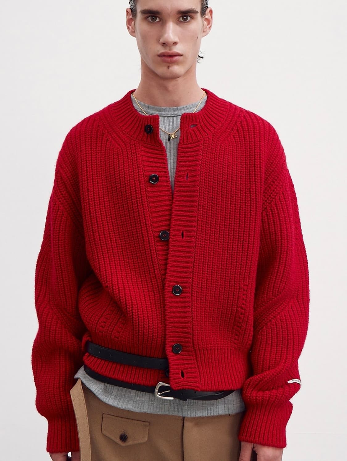 렉토 청키 울 크롭 니트 가디건 레드 M 상품이미지1