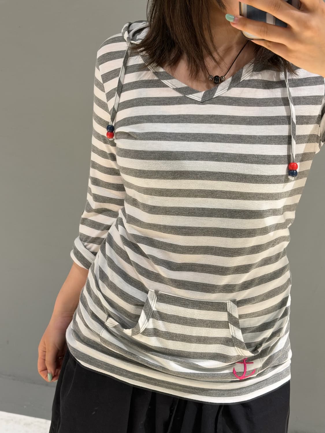 stripe pattern v-neck hood sleeve 상품이미지3