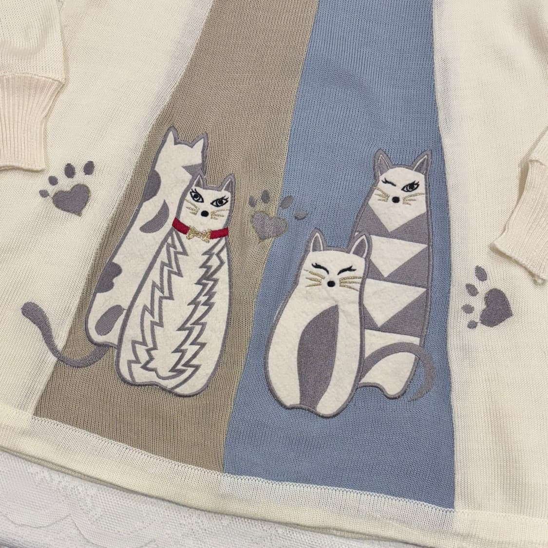 일본 빈티지 고양이 자수 패치 배색 니트 모리걸 상품이미지4