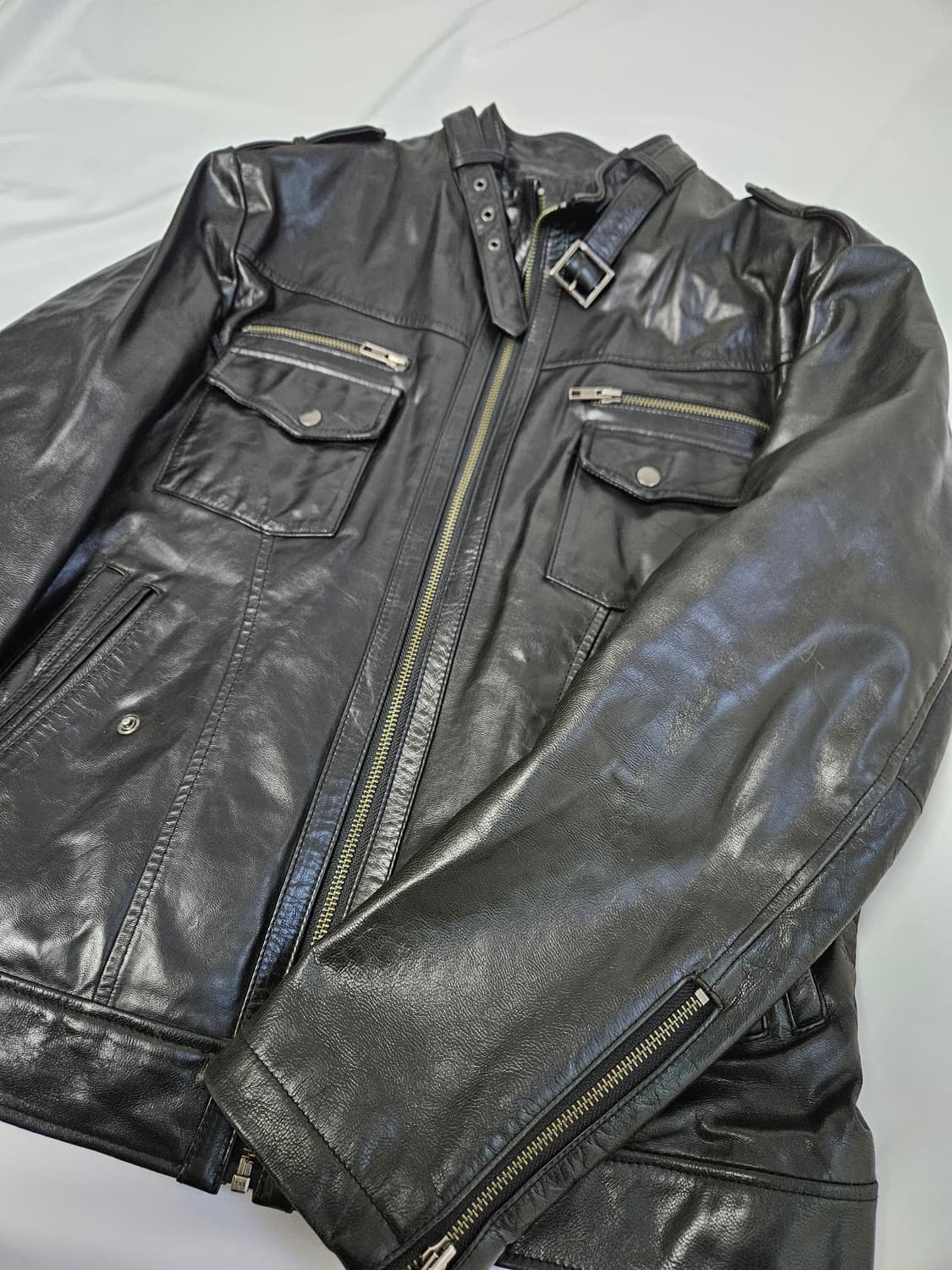 론프리미어골드 하이넥 버클 양가죽 레더자켓 램스킨 100 상품이미지2