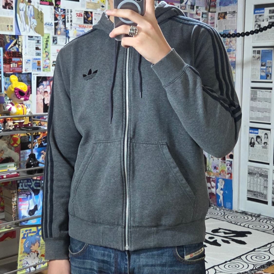 아디다스 차콜 블랙 삼선 후드집업 상품이미지2