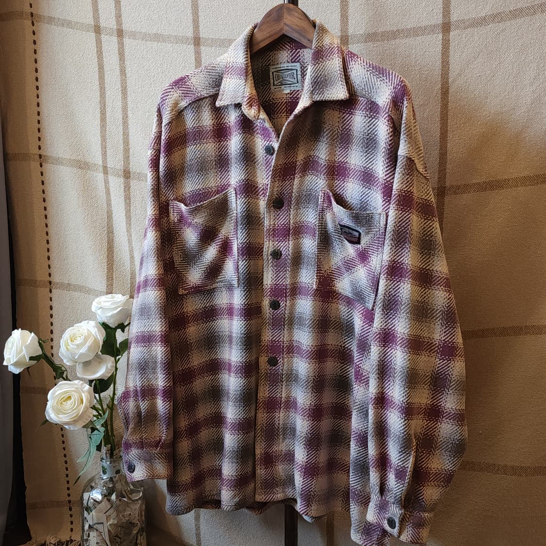 90s 퀵실버 플란넬 셔츠 헤비코튼 워크셔츠 퍼플 체크 L 상품이미지1