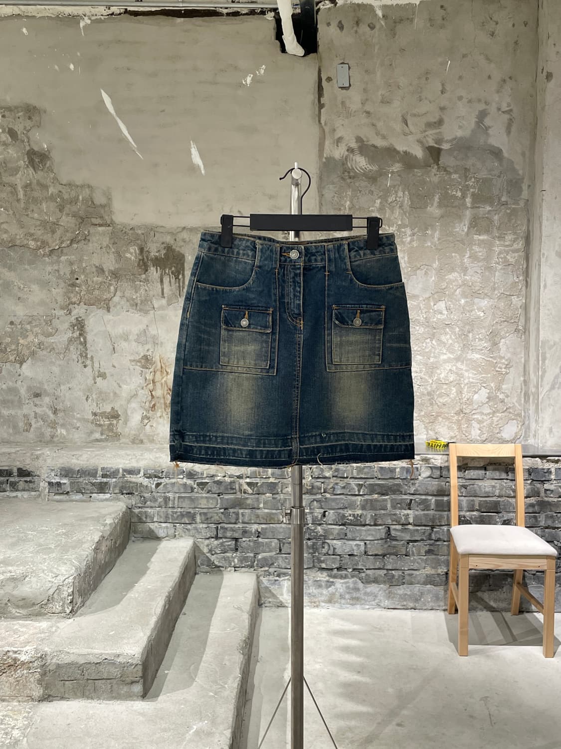 smex jeans 중청 워싱 포켓 신치백 미디스커트 상품이미지1
