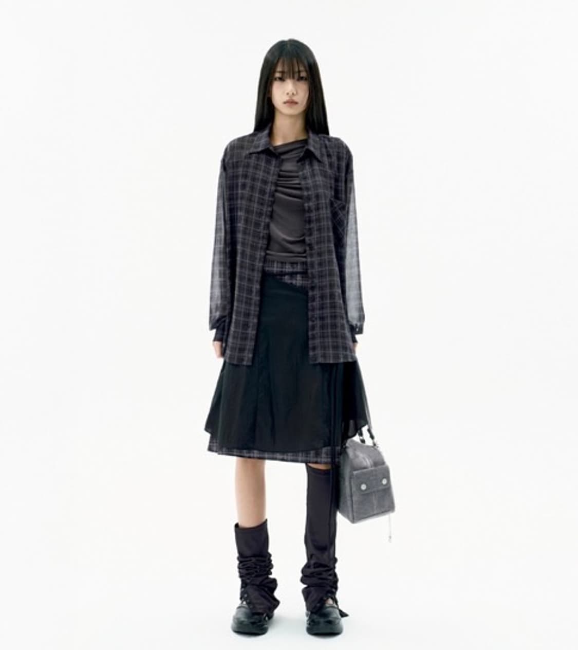 오호스 레이어드 스트랩 플레어 스커트 블랙 상품이미지2