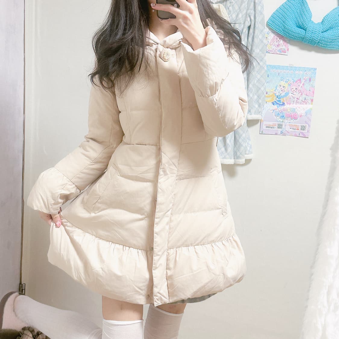 빈티지 리본 폼폼이 패딩 코트 히메갸루 로걀 라떼 달천깔 일브 양산형  상품이미지1