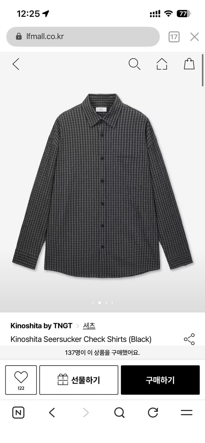 [새상품] TNGT 시어서커 체크 셔츠 블랙 상품이미지1