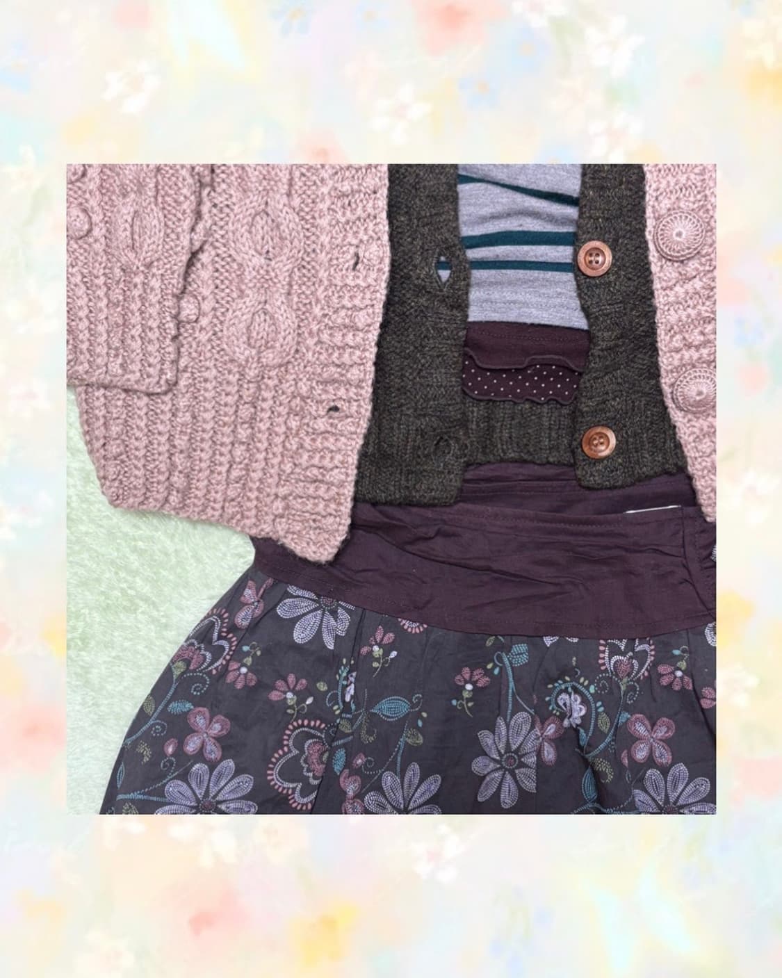 일본 빈티지 모리걸 패턴 플로럴 스커트 + 크로셰 가디건 + 뜨개모자 상품이미지7