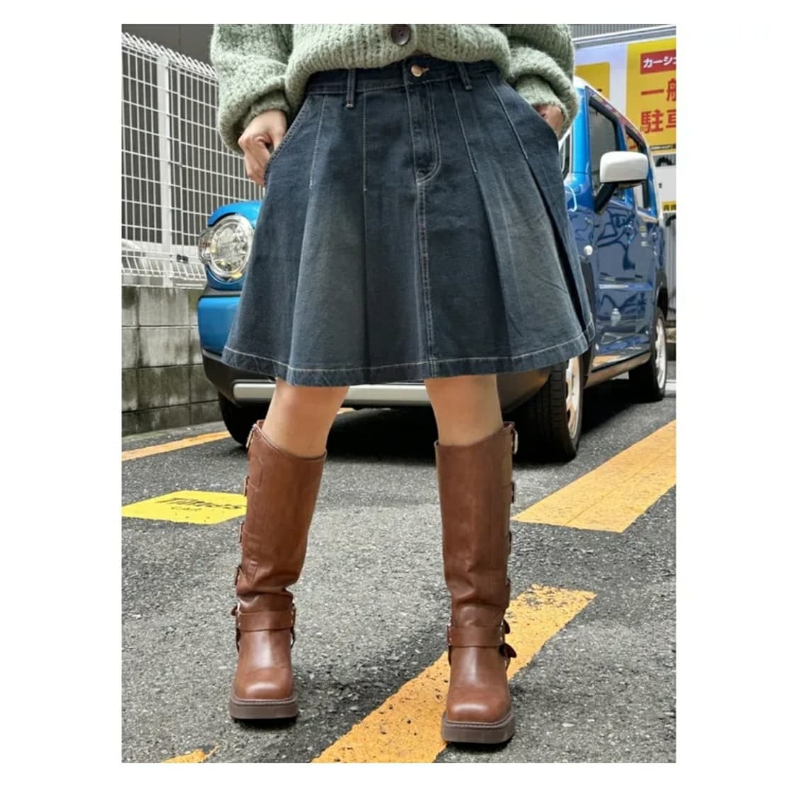 키미스 빈티지 컨트리 무드 플리츠 미디 데님 스커트 진청 OOTJ 상품이미지3