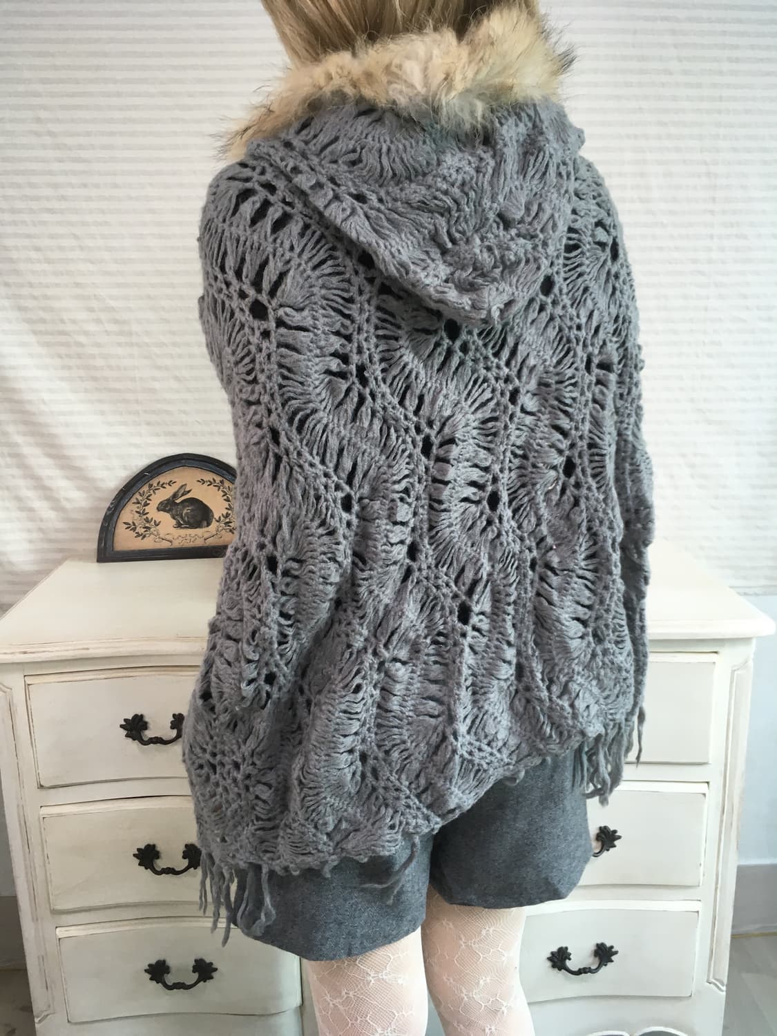 일본빈티지 차콜 퍼후드 케이프 더플 가디건 상품이미지4